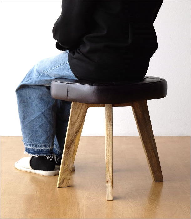 スツール 木製 クッション 四角 椅子 レザー 本革 天然木 チーク材