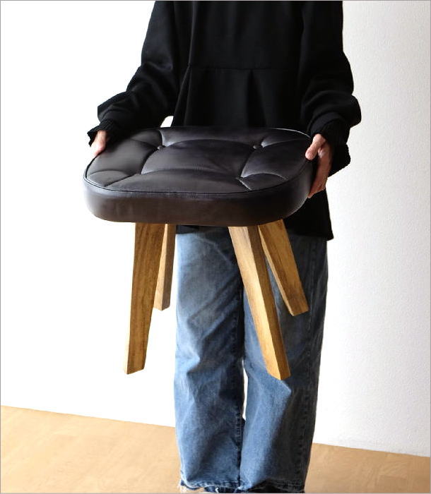 スツール 木製 クッション 四角 椅子 レザー 本革 天然木 チーク材