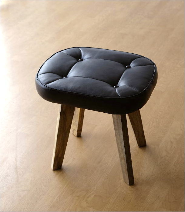 スツール 木製 クッション 四角 椅子 レザー 本革 天然木 チーク材