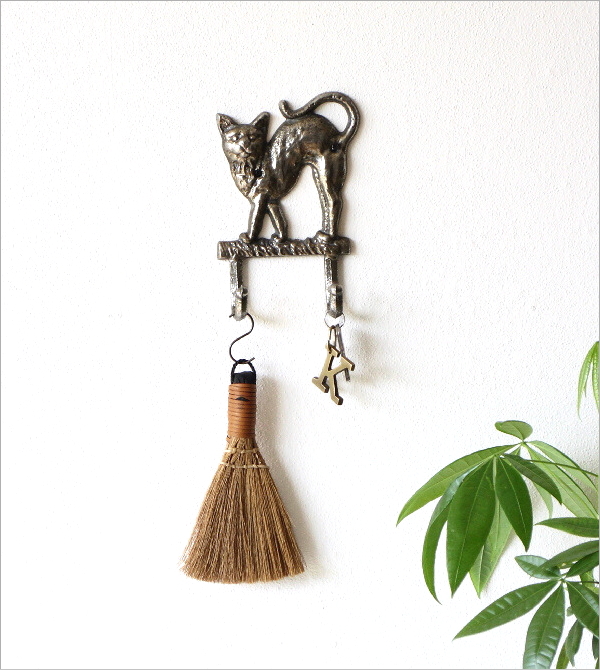 フック 壁掛け アンティーク 2連 猫 玄関 鍵掛け アイアン 鋳物 壁