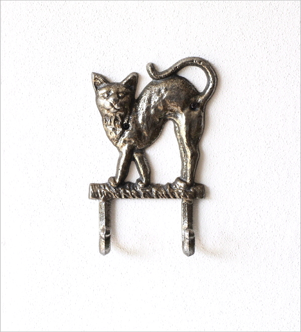フック 壁掛け アンティーク 2連 猫 玄関 鍵掛け アイアン 鋳物 壁