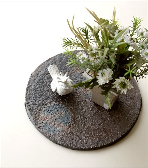 山水画の陶器花瓶 木製台座付き プレート 陶器 花瓶敷き 花瓶台 和風 インテリア トレイ 玄関