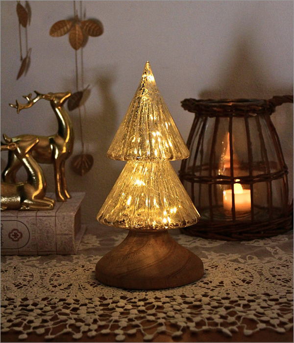 クリスマスツリー 卓上 置物 オブジェ LEDライト ガラス 木製 おしゃれ