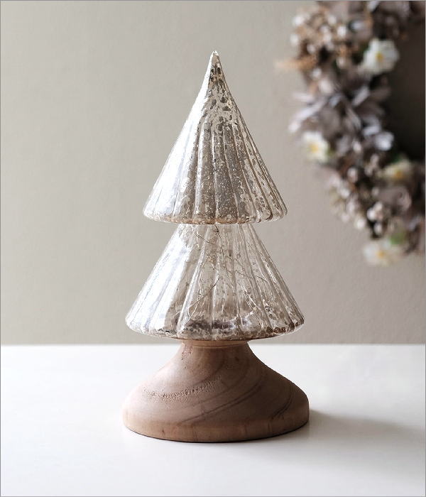 クリスマスツリー 卓上 置物 オブジェ LEDライト ガラス 木製 おしゃれ