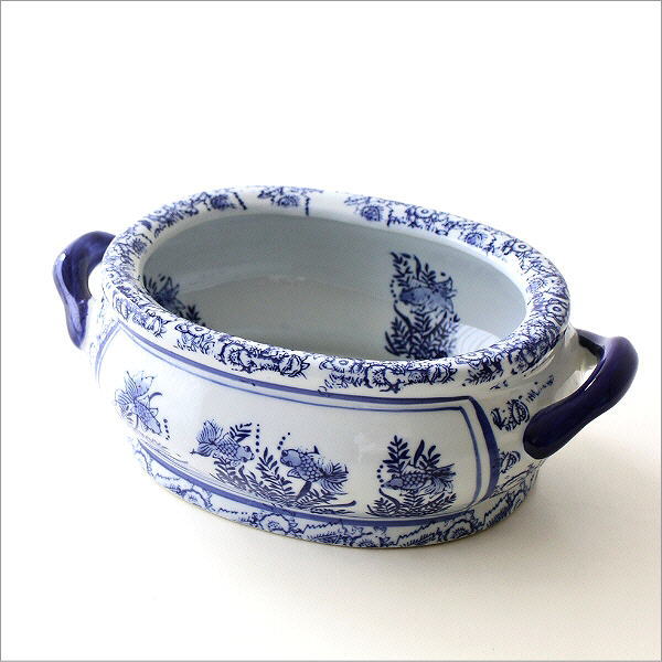 波模様の陶器製水槽　　金魚鉢　円形水槽　花瓶　陶器 金魚鉢 陶器 おしゃれ 和風 水鉢 メダカ鉢 かわいい レトロ 楕円形