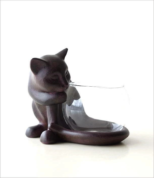 花瓶 花びん ガラス フラワーベース 猫 オブジェ 置物 置き物