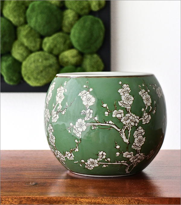 植木鉢 陶器 おしゃれ 和風 丸型 梅柄 火鉢 鉢カバー 穴なし 小型 水鉢