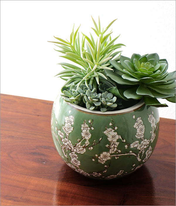 植木鉢 陶器 おしゃれ 和風 丸型 梅柄 火鉢 鉢カバー 穴なし 小型 水鉢