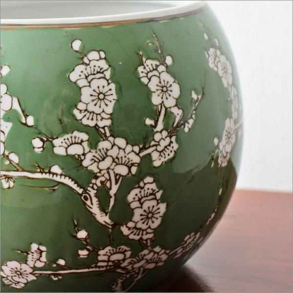 植木鉢 陶器 おしゃれ 和風 丸型 梅柄 火鉢 鉢カバー 穴なし 小型 水鉢