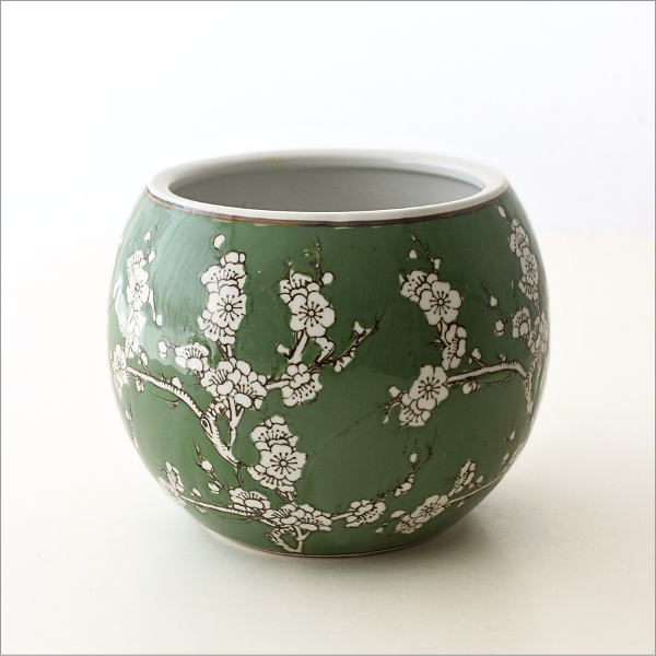 植木鉢 陶器 おしゃれ 和風 丸型 梅柄 火鉢 鉢カバー 穴なし 小型 水鉢