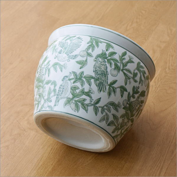 陶器の火鉢 緑花鳥 S(6)