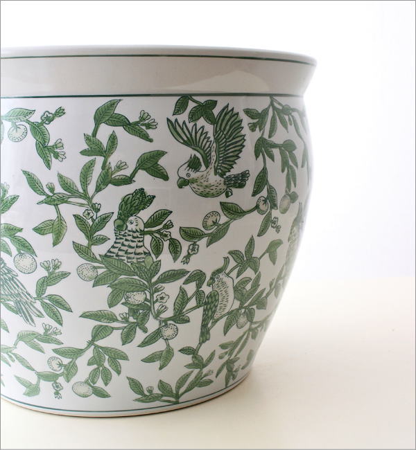 陶器の火鉢 緑花鳥 L(5)
