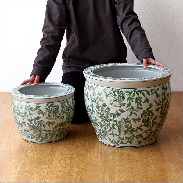 陶器の火鉢 緑花鳥 L(7)
