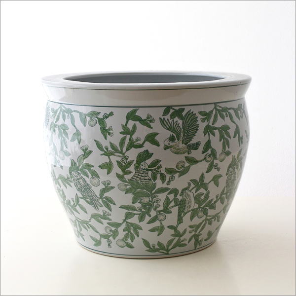 陶器の火鉢 緑花鳥 L(8)