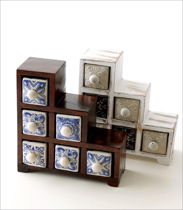 小物入れ 引き出し ミニチェスト 卓上 木製 陶器 アンティーク