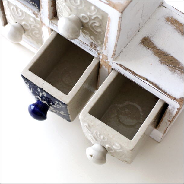 小物入れ 引き出し ミニチェスト 卓上 木製 陶器 アンティーク