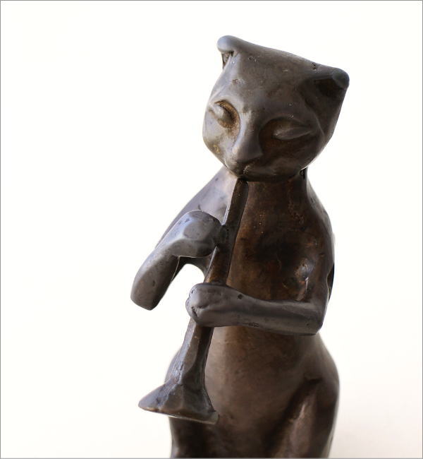 猫 置物 置き物 オブジェ トランペット 猫雑貨 真鍮 ブロンズ仕上げ