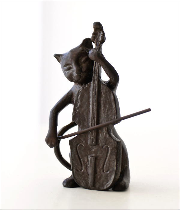 猫 置物 置き物 オブジェ チェロ 猫雑貨 真鍮 ブロンズ仕上げ レトロ