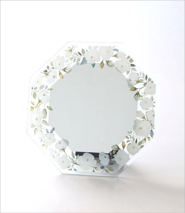 ✴︎:.。淡いグリーンの花のホワイト八角形の鏡♪ (size20/Max24) 楽天