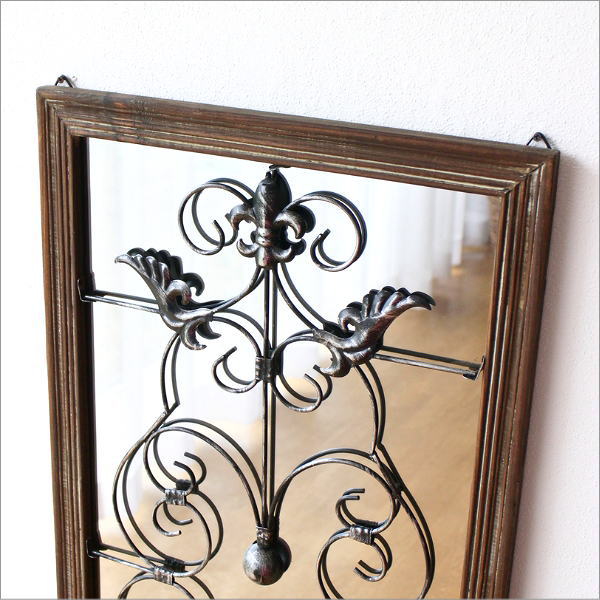 アンティーク風　アイアン飾りウォールミラー 鏡 ウォールミラー 壁掛け ミラー おしゃれ アンティーク風 木製