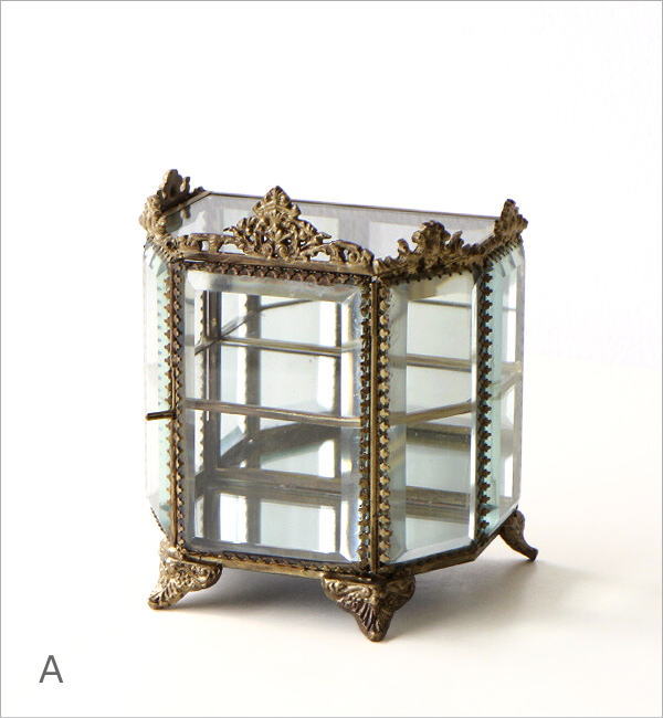 ガラスケース 真鍮 アンティーク 扉付き 小物収納ケース ミラー 透明