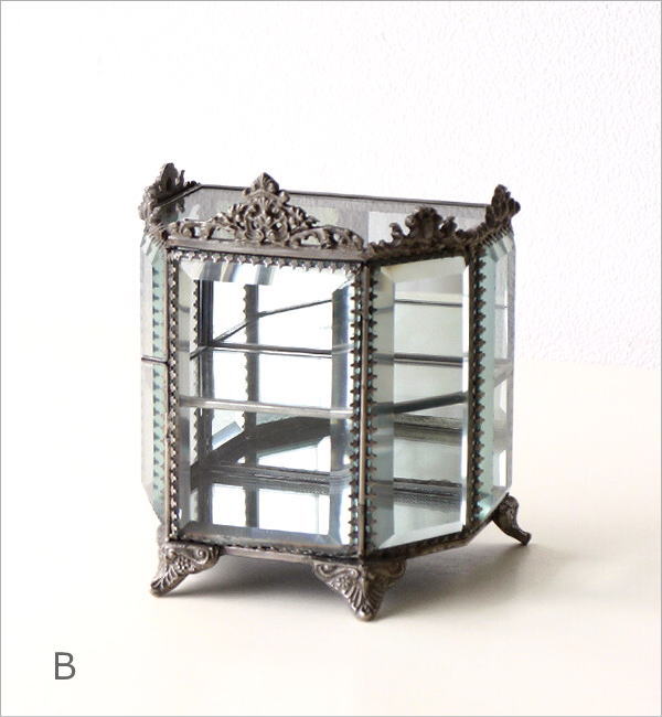 ガラスケース 真鍮 アンティーク 扉付き 小物収納ケース ミラー 透明