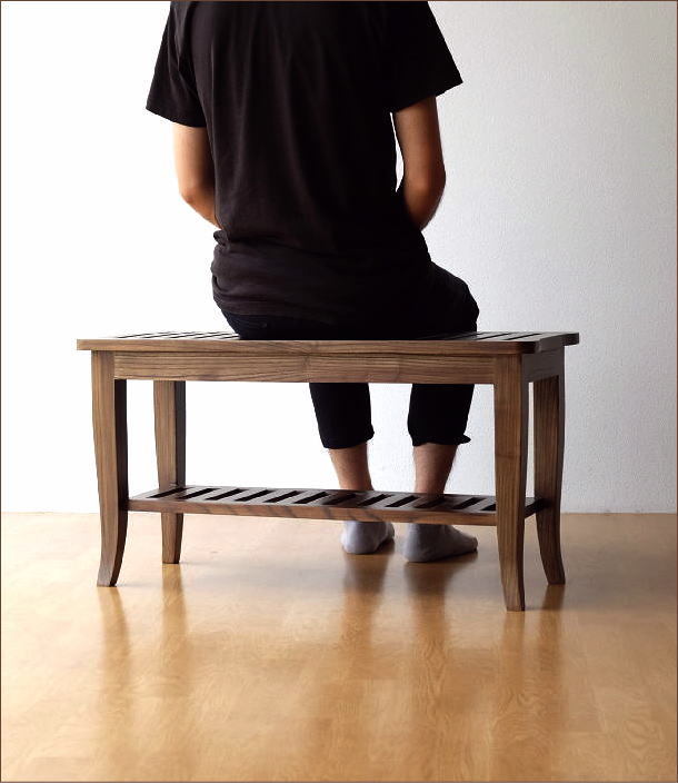 ベンチ おしゃれ 天然木 無垢材 下棚付き ウォルナット ウッド