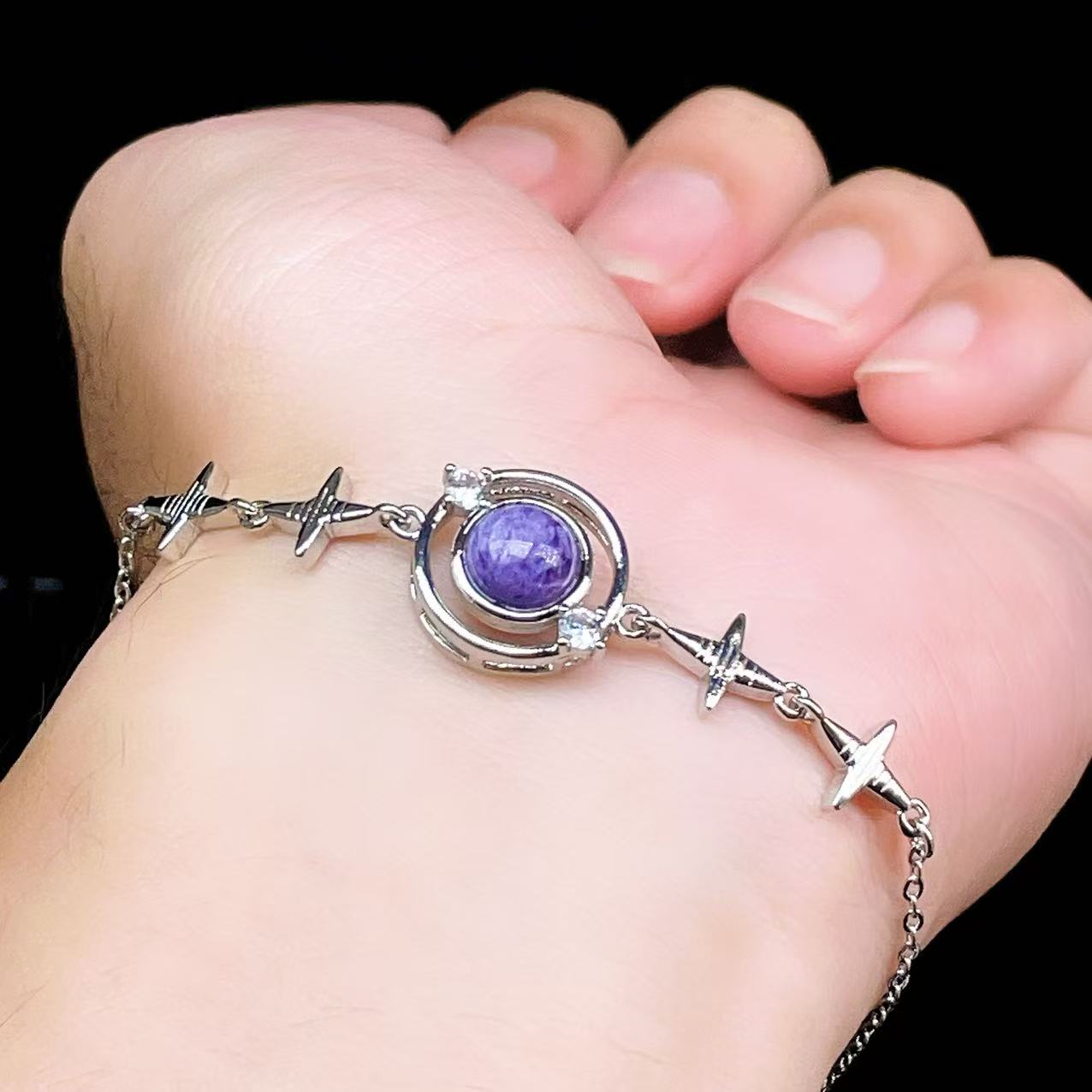Yahoo! Yahoo!ショッピング(ヤフー ショッピング)PROME 天然石【一点物】特別仕様品・チャロアイト・白銅・フリーサイズ・「ブレスレット兼アンクレット 2WAYデザイン」v61322