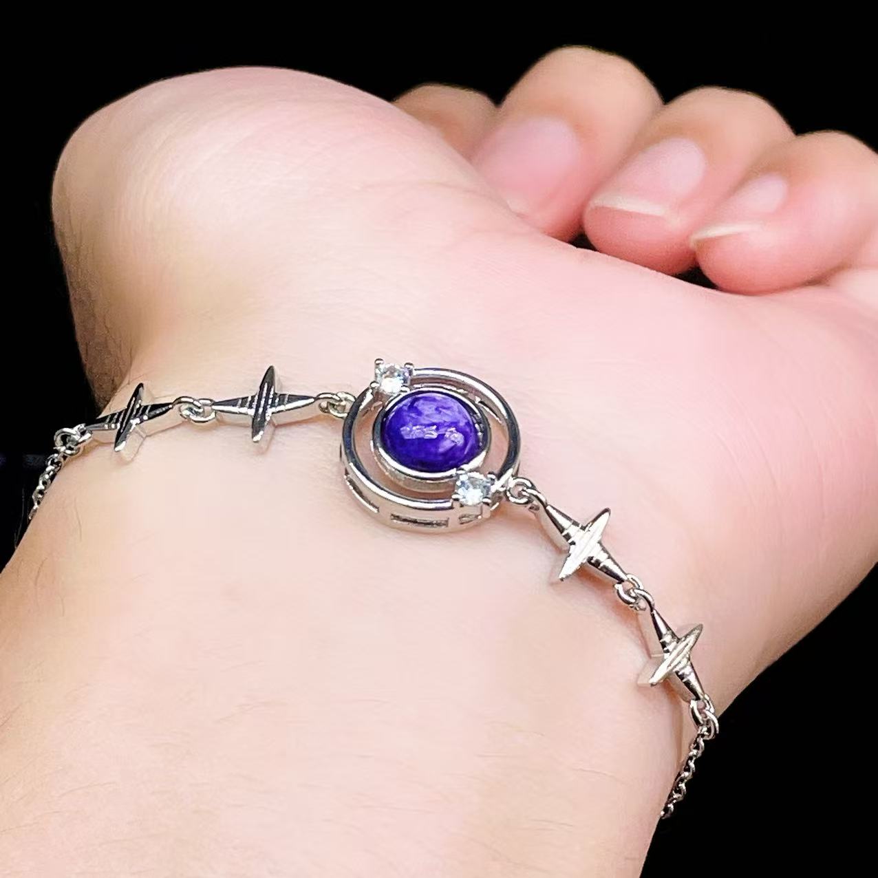 Yahoo! Yahoo!ショッピング(ヤフー ショッピング)PROME 天然石【一点物】特別仕様品・チャロアイト・白銅・フリーサイズ・「ブレスレット兼アンクレット 2WAYデザイン」v61324
