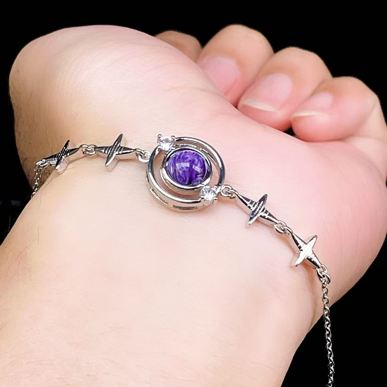 Yahoo! Yahoo!ショッピング(ヤフー ショッピング)PROME 天然石【一点物】特別仕様品・チャロアイト・白銅・フリーサイズ・「ブレスレット兼アンクレット 2WAYデザイン」v61326