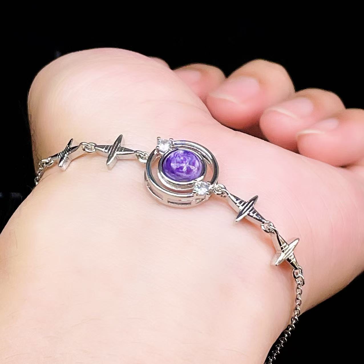 Yahoo! Yahoo!ショッピング(ヤフー ショッピング)PROME 天然石【一点物】特別仕様品・チャロアイト・白銅・フリーサイズ・「ブレスレット兼アンクレット 2WAYデザイン」v61328