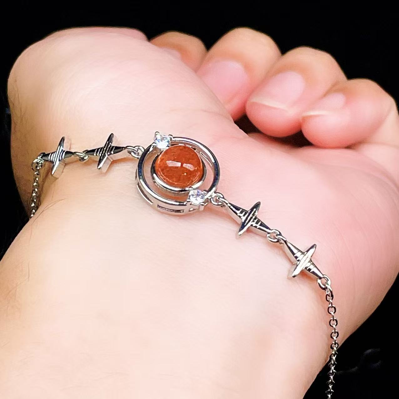 Yahoo! Yahoo!ショッピング(ヤフー ショッピング)PROME 天然石【一点物】特別仕様品・サンストーン・白銅・フリーサイズ・「ブレスレット兼アンクレット 2WAYデザイン」v61355