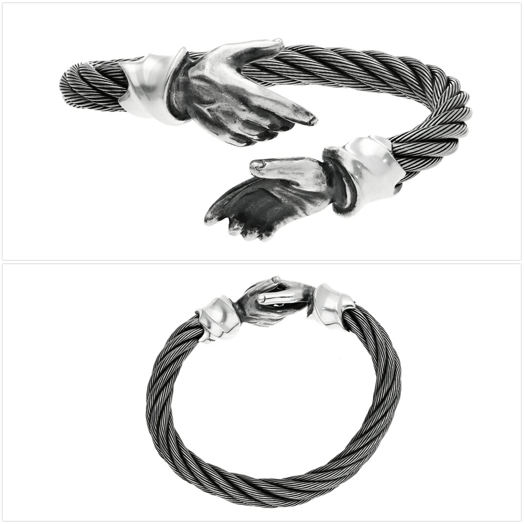 シェイクハンド ワイヤー バングル シルバー 925 ステンレス 握手 ハンド 手 ユニーク 珍しい クラシック メンズバングル ブレスレット メンズ 男性 爆買の画像