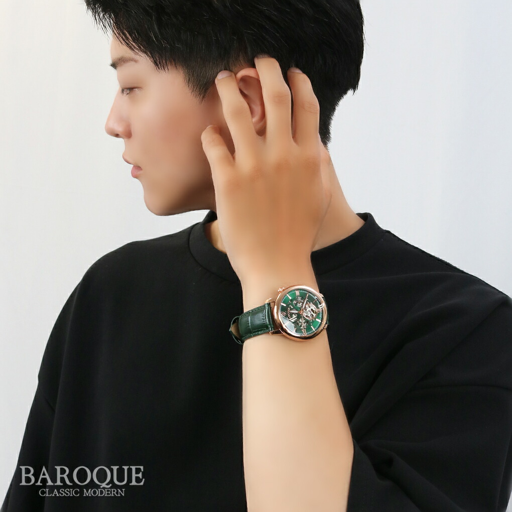 BAROQUE 腕時計 BA2007 グリーン 緑 日本製 時計 ウォッチ 紳士 ビジネス 自動巻き 機械式 文字盤 大きい 大きめ 見やすい 防水 メンズ腕時計 メンズ 爆買の画像