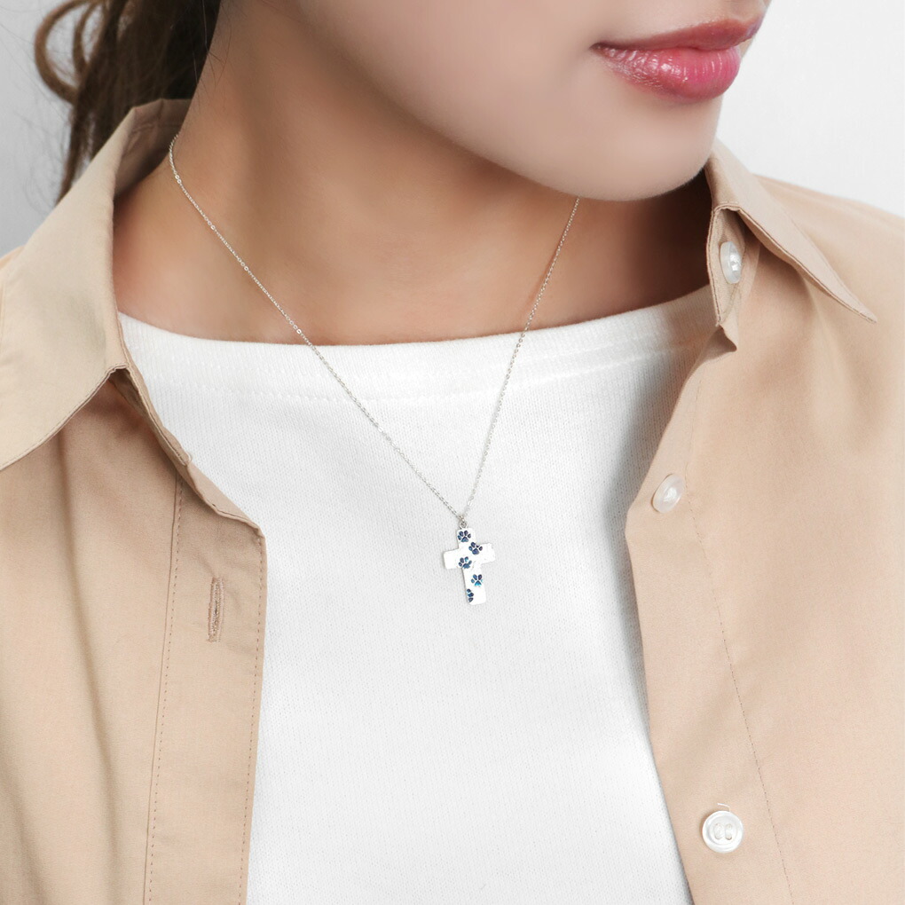 Blue Cat 猫 肉球 足跡 十字架 クロス ペンダント ネックレス シルバー