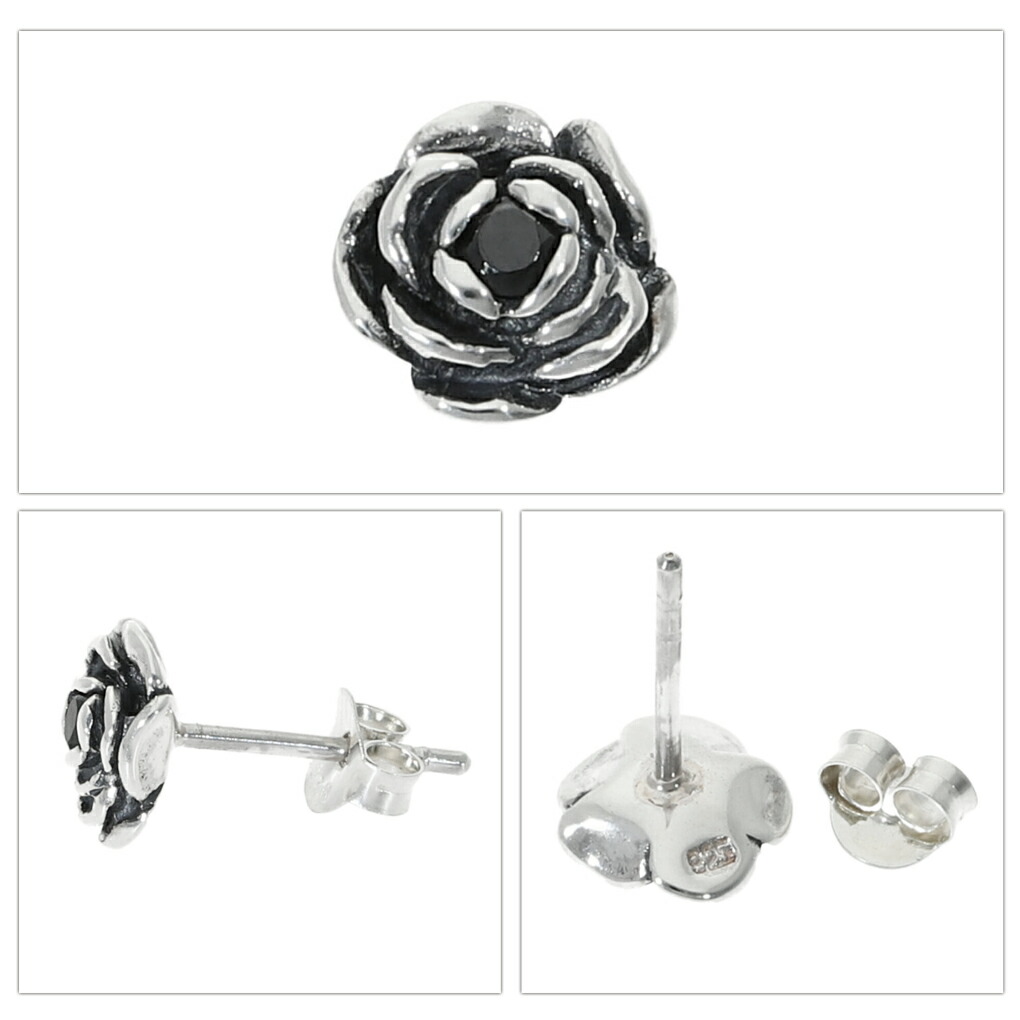 ローズ スタッズ ピアス 1P 片耳用 シルバー 黒 ブラックジルコニア 薔薇 バラ 花 フラワー メンズ レディース シルバー925 | ブランド登録なし | 04