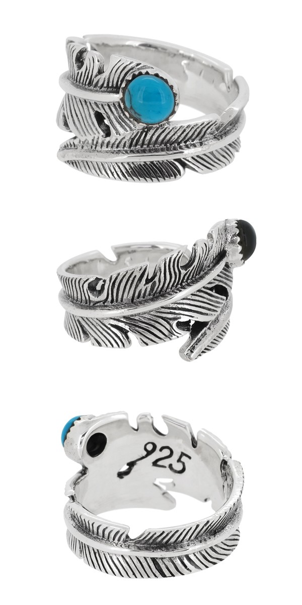 シルバーリング メンズ フェザー 羽根 ターコイズ オニキス 15-21号