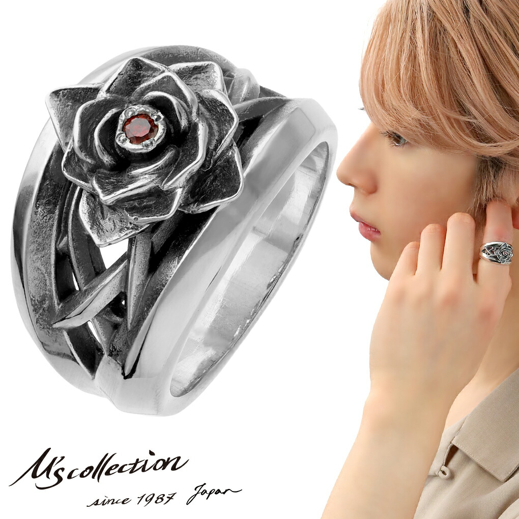 M's collection エムズコレクション ローズ リング 指輪 9〜27号 シルバー 925 薔薇 バラ 花 レッド ジルコニア 赤 シルバーリング メンズ レディース 爆買