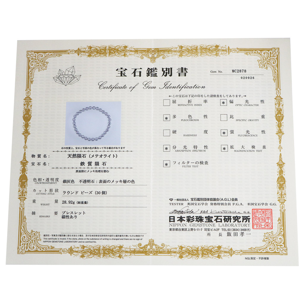 ギベオン 隕石 ブレスレット 宝石鑑別書 付き 6mm 17.5cm メンズ M