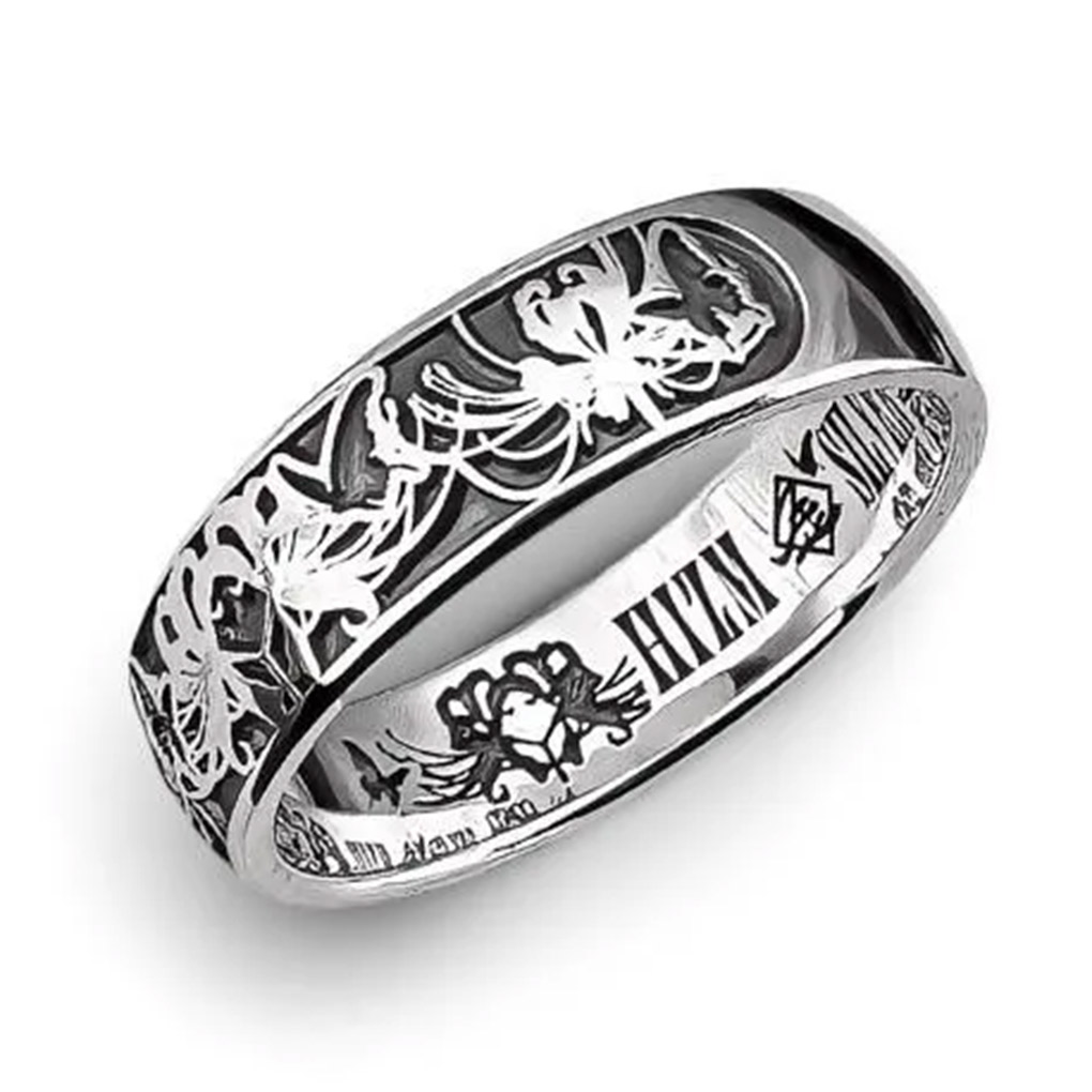 彼岸花の指輪　平細　シルバー Hizm 黒 蝶 彼岸花 レリーフ リング 指輪 甲丸 6mm幅 シルバー 925 製