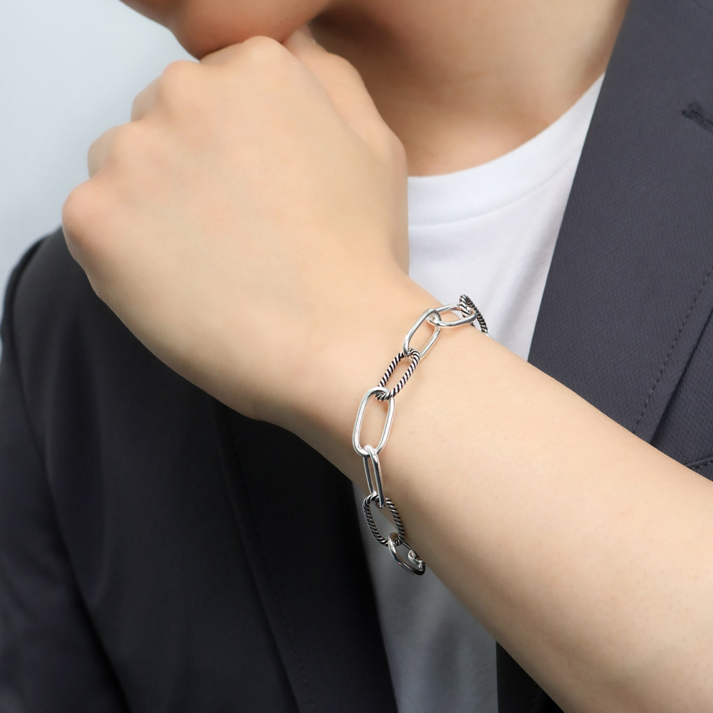シルバー925 コンビ 長あずきチェーン ブレスレット シルバー マンテル