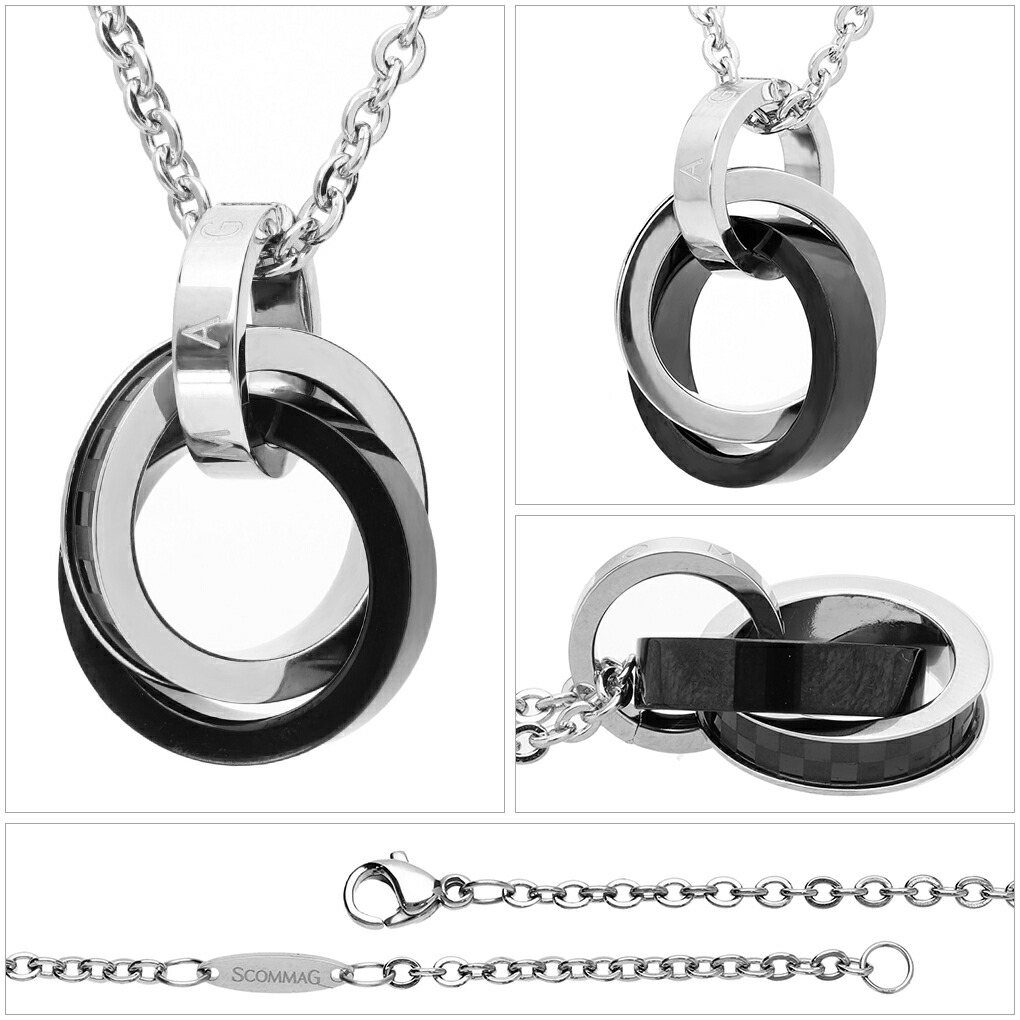 SCOMMAG ステンレス ダブル ブラック リング ネックレス (チェーン付き