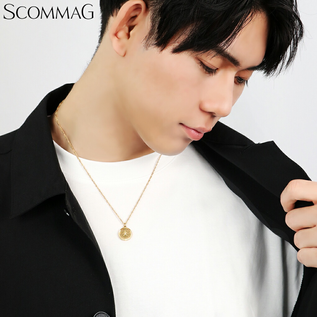 SCOMMAG コンパス コイン ステンレス ネックレス ゴールドカラー (チェーン付き) ペンダント メダル コイン メンズネックレス ジルコニア 爆買の画像