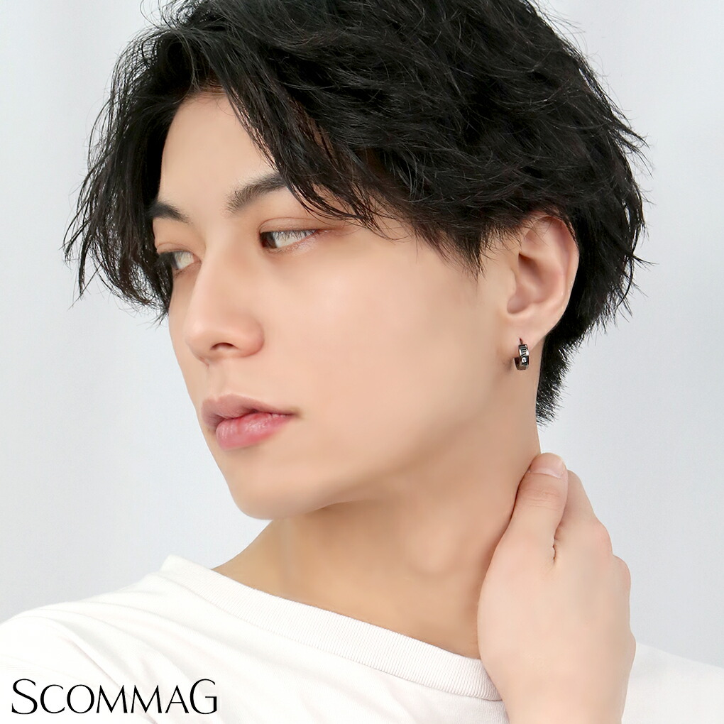 SCOMMAG ブラック ナンバー フープ ステンレス ピアス 1P 片耳用 黒