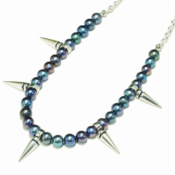 PUERTA DEL SOL パンク ロック スタッズ パール 真珠 ネックレス(チェーン付き) ブラック シルバー950 ユニセックス シルバーアクセサリー 銀 SV950 爆買の画像