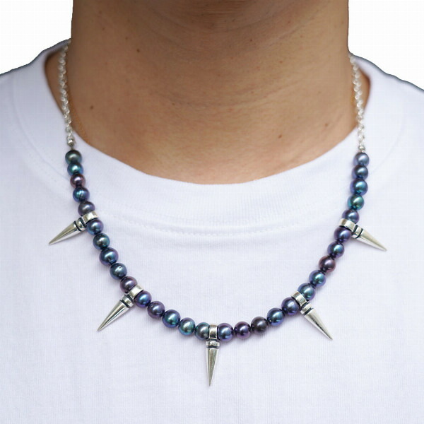 PUERTA DEL SOL パンク ロック スタッズ パール 真珠 ネックレス(チェーン付き) ブラック シルバー950 ユニセックス シルバーアクセサリー 銀 SV950 爆買の画像