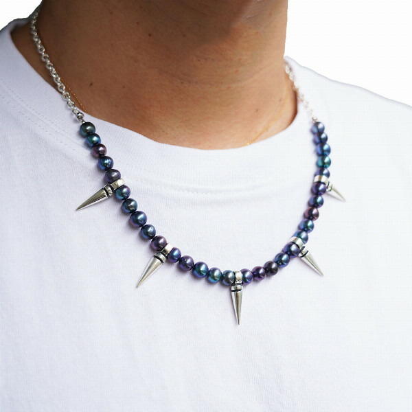 PUERTA DEL SOL パンク ロック スタッズ パール 真珠 ネックレス(チェーン付き) ブラック シルバー950 ユニセックス シルバーアクセサリー 銀 SV950 爆買の画像