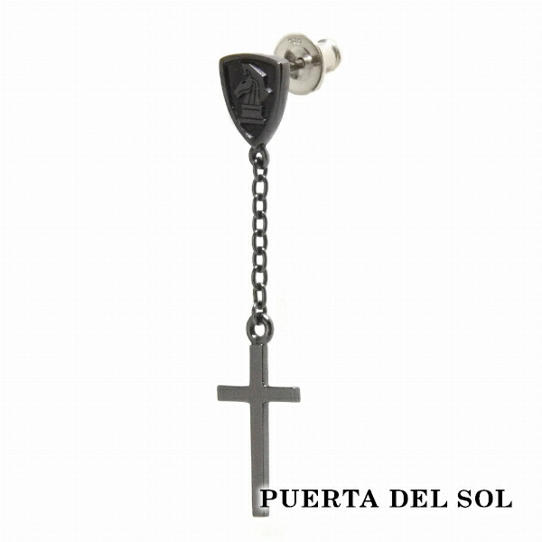 PUERTA DEL SOL Swing Cross Knight チェーン クロス チェスナイトエンブレム ピアス ブラック シルバー950 チタンコーティング ユニセックス 爆買