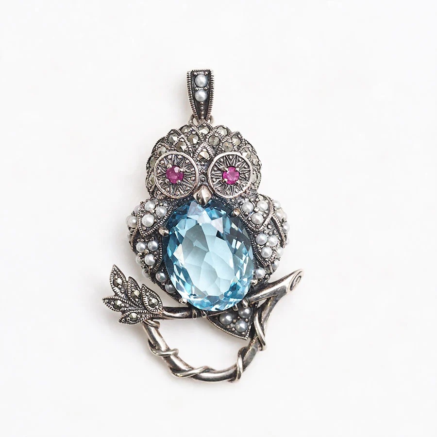 ROKUZAN ブルートパーズ フクロウ ブローチ ペンダントトップ