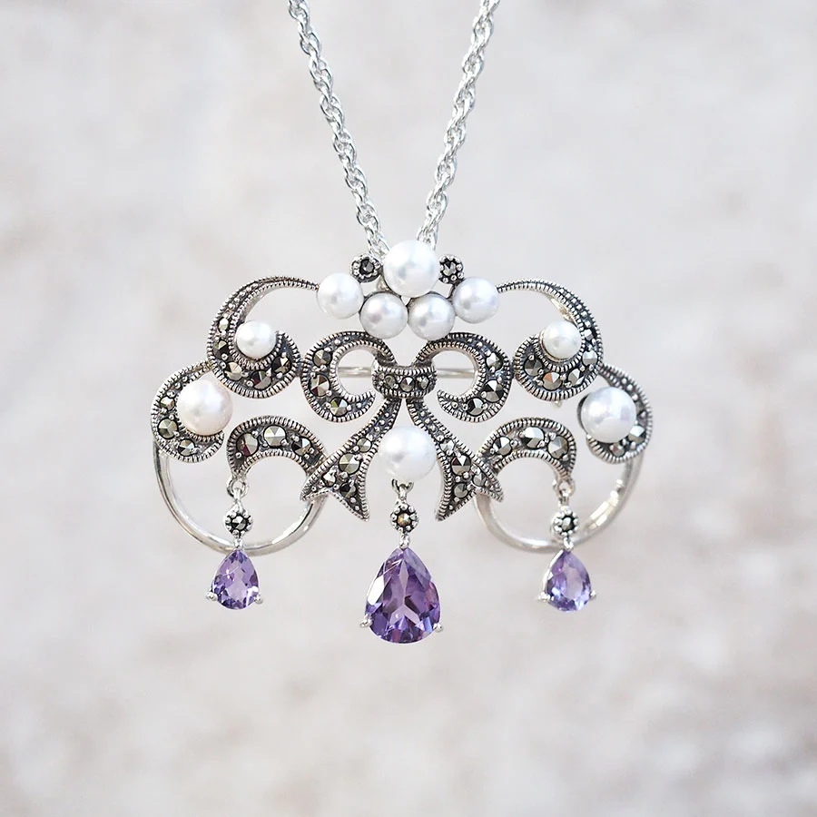 ロクザン SILVER925 アメジスト パール ペンダント ブローチ ROKUZAN アメジスト パール クラシックシャンデリア ブローチ
